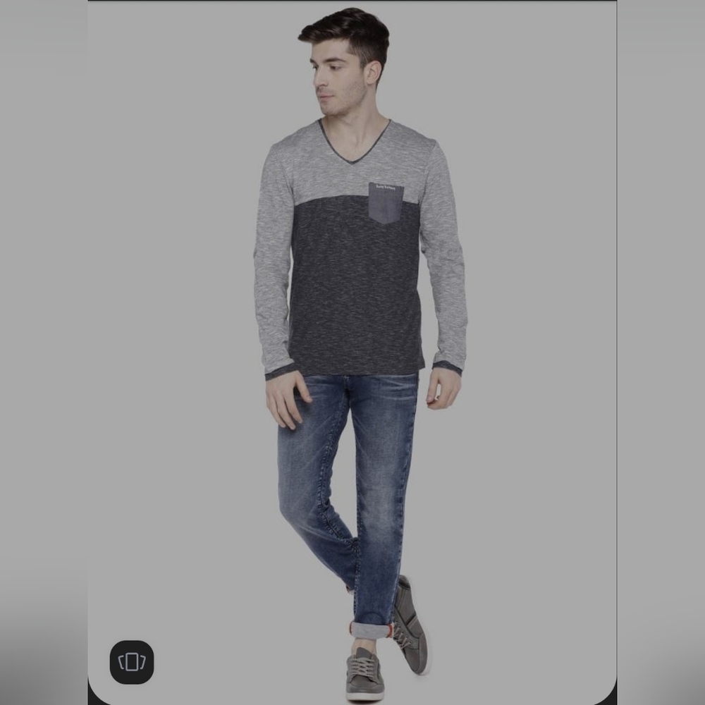 Being Human-Salman Khan Blue and Grey Melange Color Blocked V-Neck T shirt